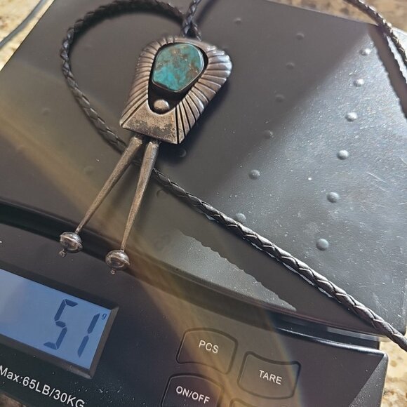 Navajo Turquoise Sterling Bolo Tie Heavy Native American Hallmarked ? Read - Picture 14 of 14